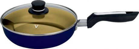 Сковорода "Vitesse" с крышкой, со съемной ручкой, с антипригарным покрытием, цвет: синий, золотой. Диаметр 24 см. + Лопатка кулинарная "Vitesse", длина 25,5 см