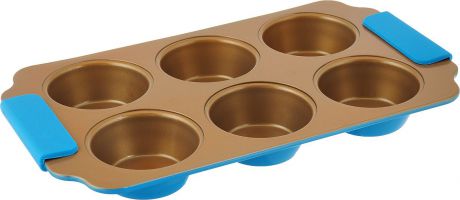 Форма для выпечки кексов "Travola", с силиконовыми ручками, 6 ячеек, цвет: золотистый, голубой, 30,5 x 17,8 x 3 см. KCM9386H