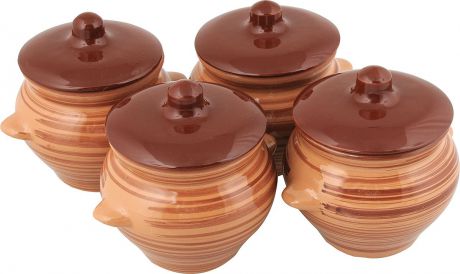 Набор горшочков для запекания Борисовская керамика "Стандарт", с крышками, цвет: коричневый, 500 мл, 4 шт