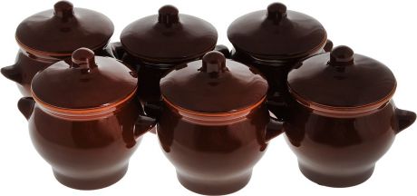Набор горшочков для запекания Борисовская керамика "Стандарт", с крышками, цвет: темно-коричневый, 600 мл, 6 шт