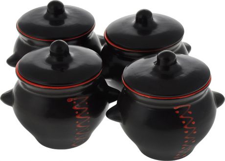 Набор горшочков для запекания Борисовская керамика "Чугун", цвет: черный, оранжевый, 500 мл, 4 шт