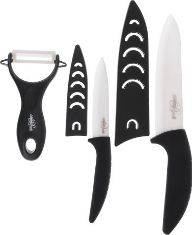 Набор керамических ножей "BartonSteel", с чехлами, цвет: белый, черный, 3 предмета. 9003BS