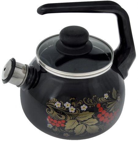 Чайник эмалированный СтальЭмаль "Рябина", со свистком, цвет: черный, 2 л