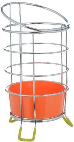Подставка для столовых приборов "Мультидом", с поддоном, цвет: оранжевый, высота 13 см