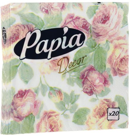 Салфетки бумажные Papia "Decor", трехслойные, цвет: розовые розы, 33 х 33 см, 20 шт