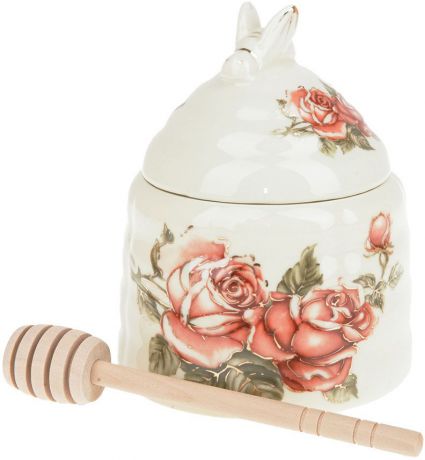 Банка для меда Best Home Porcelain "Рубиновые розы", с палочкой, 10 х 10 х 13 см