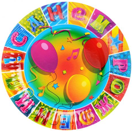 Веселая затея Тарелка бумажная "С днем рождения: Мозаика", диаметр 17 см, 6 шт