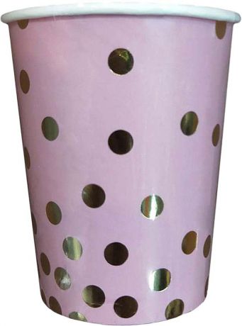 Стакан Розовый с золотыми кружочками из ламинированного картона, объем 250 мл, 6 шт в наборе / 7,8x7,8x12,8см арт.79280