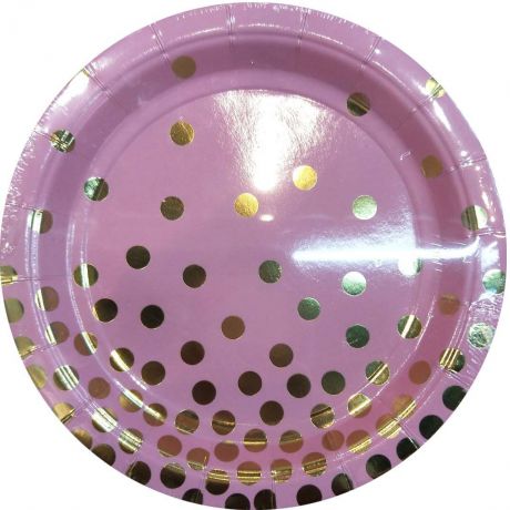 Тарелка Розовая с золотыми кружочками из ламинированного картона, диаметр 23 см, 6 шт в наборе / 1,8x23x23см арт.79282