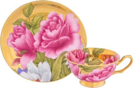 Чайная пара Elan Gallery "Пионы", цвет: золотистый, 2 предмета