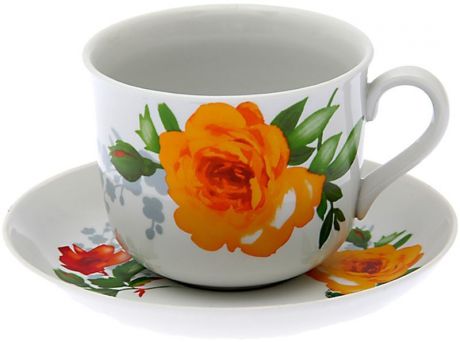 Чашка чайная Дулевский Фарфор "Ностальгия. Роза без отводки", с блюдцем, 450 мл