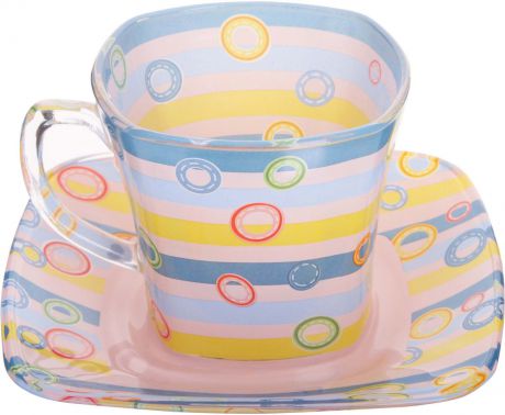 Чайная пара Loraine, цвет: розовый, голубой, желтый, 200 мл, 2 предмета