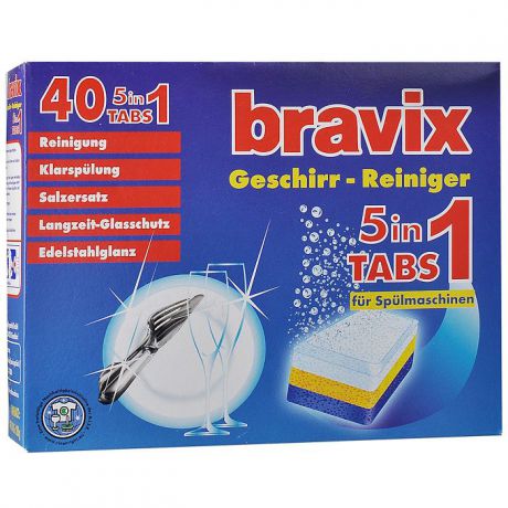 Активные таблетки для посудомоечных машин Bravix "Geschirr-Reiniger", 40 шт х 20 г