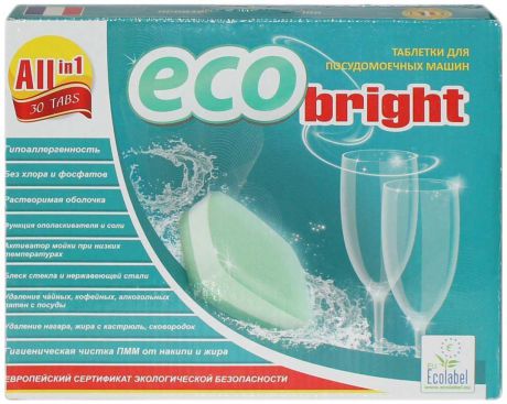 Таблетки для посудомоечных машин ECO Bright "All in 1", с растворимой пленкой, 30 шт