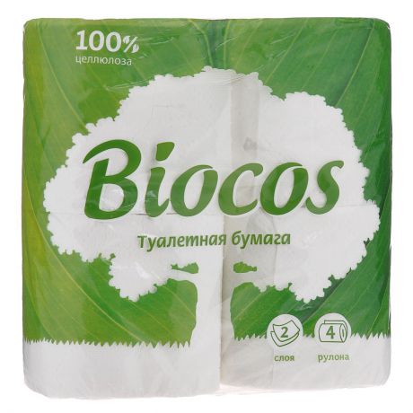 Туалетная бумага "BioCos", двухслойная, цвет: белый, 4 рулона
