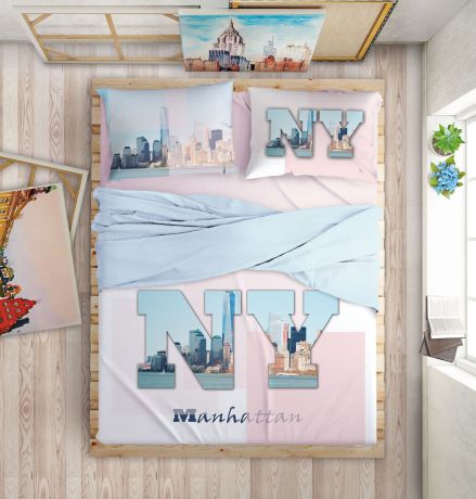 Комплект белья Love Me "Manhattan Dreams", 2-спальный, наволочки 50х70, 70х70, цвет: голубой, розовый