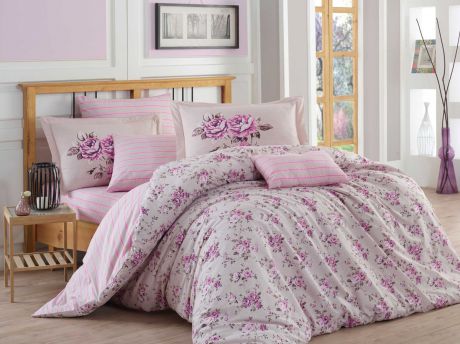 Комплект белья Hobby Home Collection "Flora", 1,5-спальный, наволочки 50x70, 70x70, цвет: лиловый