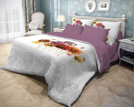 Комплект белья Волшебная ночь "Fialki", 2-спальный с простыней на резинке, наволочки 70х70, цвет: белый, фиолетовый. 710558