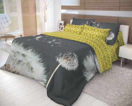 Комплект белья Волшебная ночь "Dandelion", 2-спальный с простыней на резинке, наволочки 70х70, цвет: черный, желтый, белый. 710608