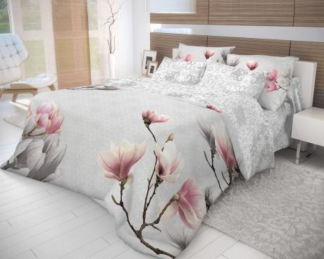 Комплект белья Волшебная ночь "Cameo", 2-спальный c простыней на резинке, наволочки 70х70, цвет: белый, серый, розовый. 710568
