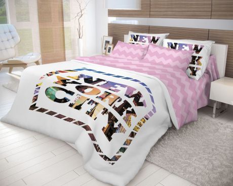 Комплект белья Волшебная ночь "New York", 2-спальный, наволочки 70x70, цвет: белый, розовый