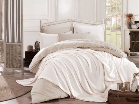 Комплект постельного белья Hobby Home Collection Natural, c покрывалом, евро, цвет: слоновая кость. 2000000045