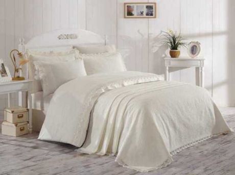 Комплект постельного белья Hobby Home Collection Elite Set, с покрывалом, евро, наволочки 50x70, цвет: слоновая кость. 1501002154