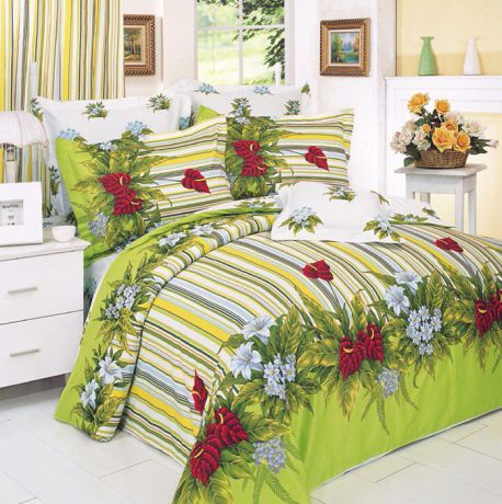 Комплект белья СайлиД "Cierra", 1,5-спальный, наволочки 70x70, цвет: зеленый, белый, желтый