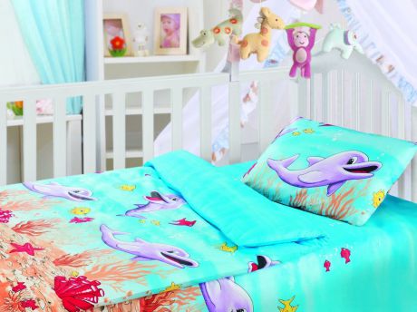 Комплект детского постельного белья Облачко "Дельфины", цвет: голубой, сиреневый, красный, 3 предмета