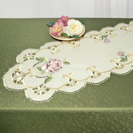 Дорожка для декорирования стола "Schaefer", овальная, цвет: бежевый, зеленый, 40 x 110 см 07484-233