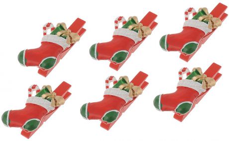 Набор новогодних украшений Феникс-Презент "Носочки с подарками", на прищепках, 6 шт