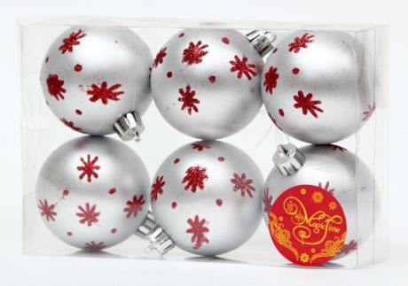 Украшение новогоднее подвесное Magic Time "Шар серебряный с красными снежинками", диаметр 6 см, 6 шт