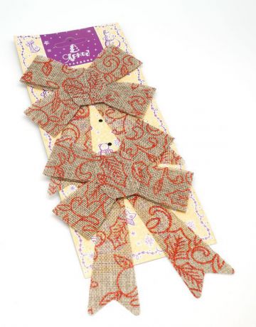 Декоративное украшение Яркий Праздник "Бант", с орнаментом, цвет: бежевый, красный, 13 см, 2 шт