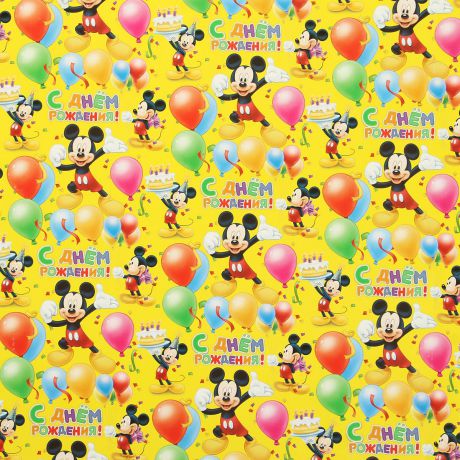 Бумага упаковочная Disney "Яркий день Рождения. Микки Маус и друзья", глянцевая, 70 х 100 см
