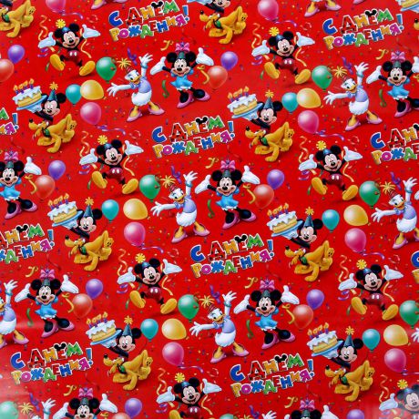 Бумага упаковочная Disney "С Днем Рождения. Микки Маус и друзья", глянцевая, 70 х 100 см. 1122648