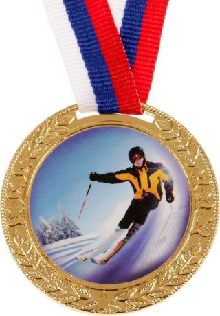 Медаль сувенирная "Лыжи", цвет: золотистый, диаметр 5 см. 099