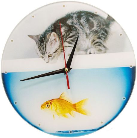 Часы настенные Эврика "Котенок с рыбкой", стеклянные, 30 х 30 х 4 см