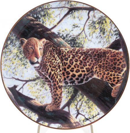 Декоративная коллекционная тарелка "Федерация Дикой Природы. Большие Кошки: Пятнистое дерево. Леопард". Фарфор, деколь, золочение, США, Franklin Mint, 1990-е гг.