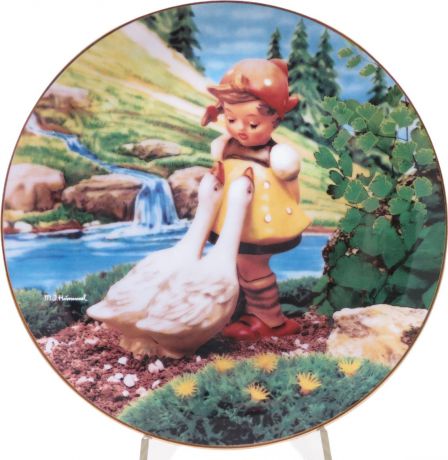 Декоративная коллекционная тарелка "Нежные Друзья: Девочка и гуси". Фарфор, деколь, золочение, США, Хуммель, Danbury Mint, 1991