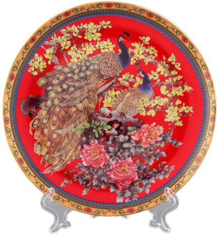 Тарелка декоративная Elan Gallery "Павлин на красном", с подставкой, цвет: красный, золотистый, диаметр 18 см