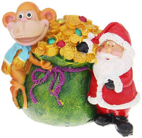 Копилка декоративная Sima-land "Мартышка и Дед Мороз с мешком денег", цвет: зеленый, красный, оранжевый