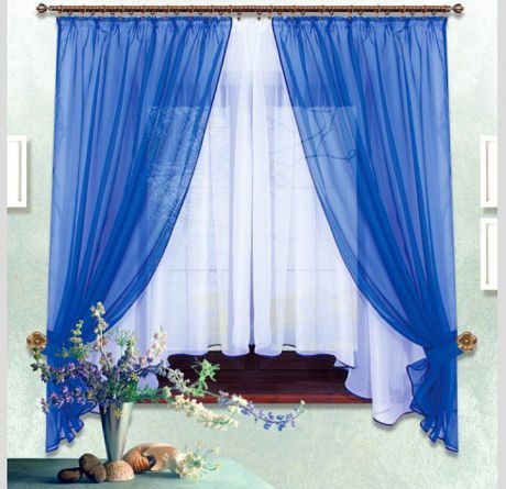 Комплект штор Nivasan "Лидия", с тюлем и прихватами, на ленте, цвет: синий, высота 170 см, ширина 140 см