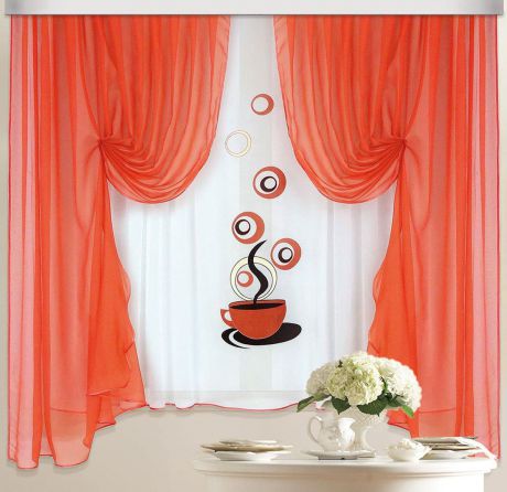 Комплект штор для кухни ТД Текстиль "Кофе круги", на ленте: 2 шторы 180 х 220 см, тюль 300 х 160 см, цвет: светло-коричневый