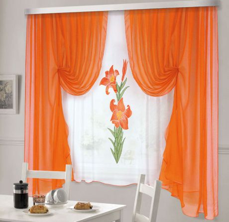 Комплект штор для кухни ТД Текстиль "Лилия", на ленте: 2 шторы 180 х 220 см, тюль 140 х 170 см, цвет: оранжевый, белый