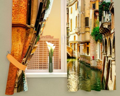 Комплект фотоштор Сирень "Солнечный день в Венеции", на ленте, высота 160 см