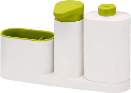 Органайзер для раковины Joseph Joseph "SinkBase Plus", с дозатором для мыла и бутылочкой, цвет: белый, зеленый