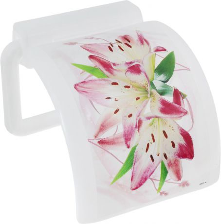 Держатель для туалетной бумаги Idea "Деко. Лилия", с крышкой, цвет: белый, розовый, зеленый
