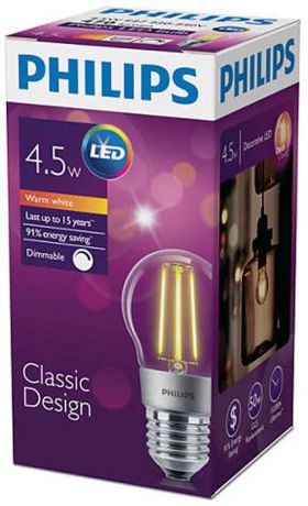 Лампа светодиодная "Philips LED buld", диммируемая, цоколь E27, 4,5W, 2700К