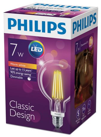 Лампа светодиодная филаментная Philips "LED bulb", диммируемая, цоколь E27, 7W, 2700K