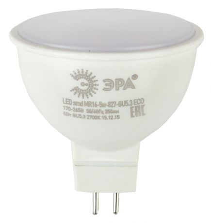 Лампа светодиодная ЭРА "Eco", цоколь GU5.3, 5W, 2700K. MR16-5w-827-GU5.3_eco